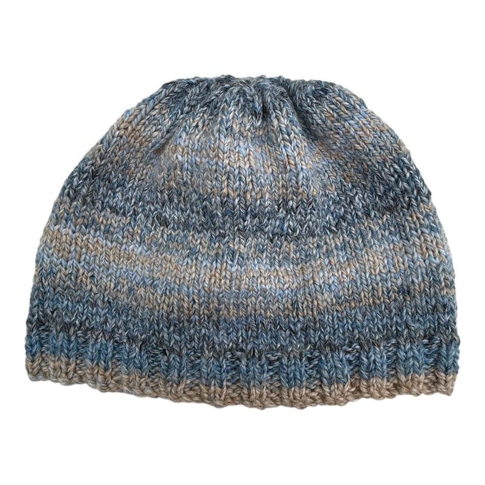 Handmade Marled Knit Beanie Blue Gray Striped Winter Slouchy Hat Toque One Size
